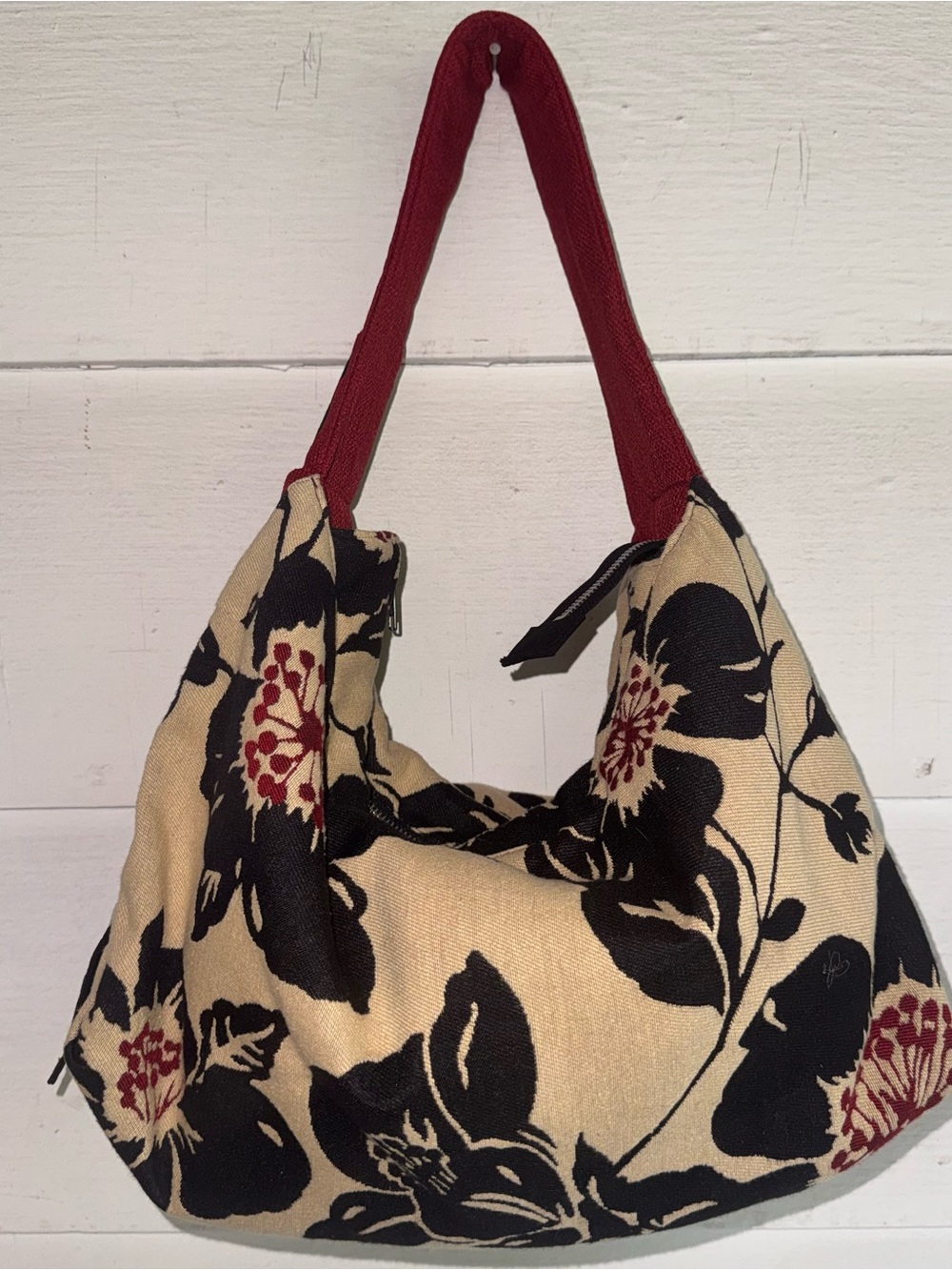 Vintage 1154 Lill Studio Gigantic Canvas Floral Hobo Bag with Red Handles